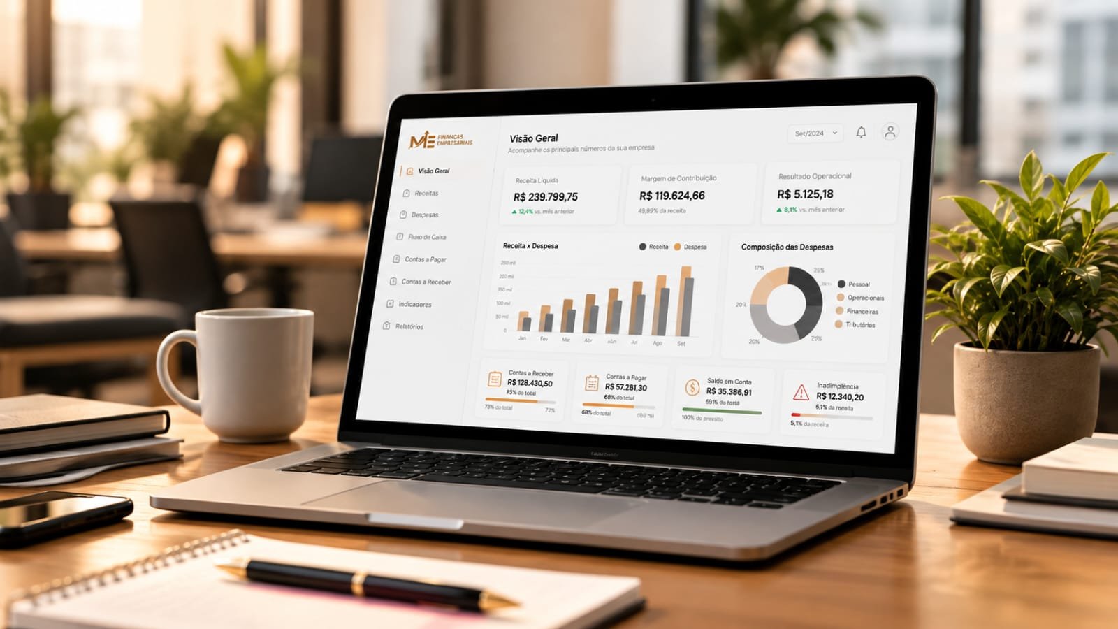 Notebook exibindo o painel financeiro da plataforma ME Finanças